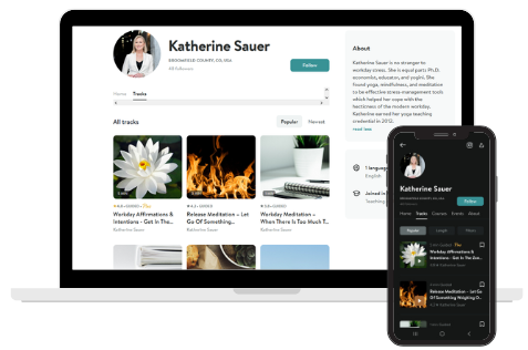 a computer and phone mockup showing Katherine Sauer's channel on Insight Timer