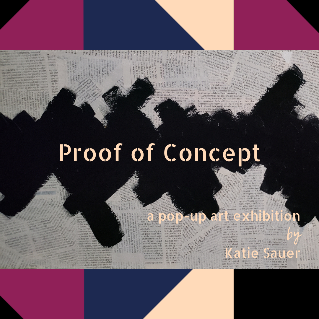 some geometric shapes, black paint over paper mache; text reads 'Proof of Concept. A pop-up art exhibition by Katie Sauer.