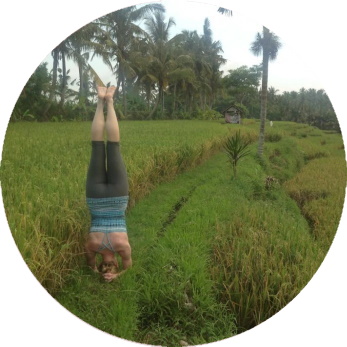 Katherine Sauer doing a headstand in a rice field in Bali